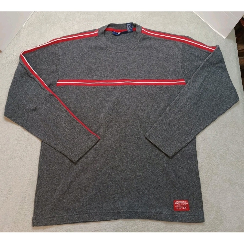 AÉROPOSTALE MEN'S L Cotton POLY KNIT PULLOVER SHIRT GRAY w/RED STRIPES Y2K Style